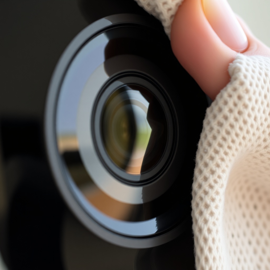 A close-up photorealistic photo of a Ring Alarm Pro camera lens being gently cleaned with