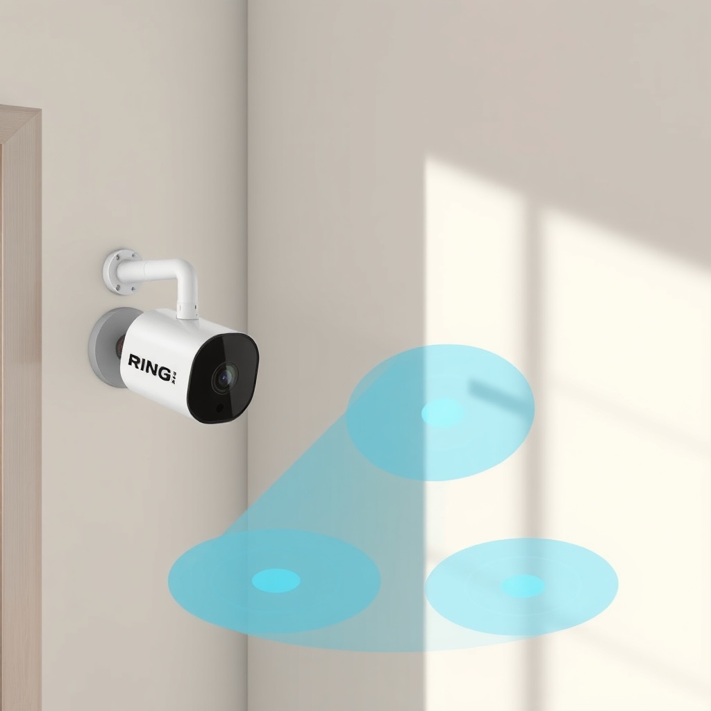 A photorealistic illustration of a Ring Alarm Pro camera mounted at a corner of a room