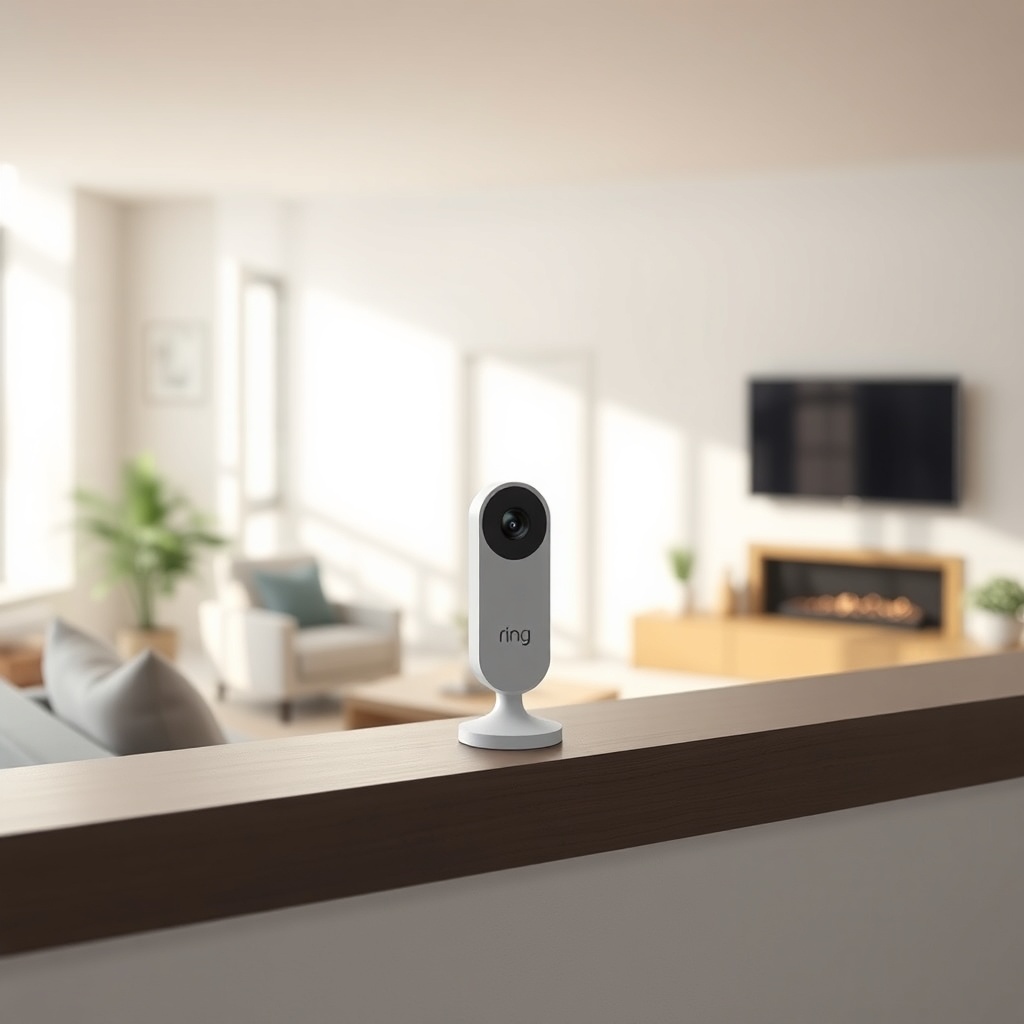 A photorealistic photo of a modern living room with a Ring Indoor Cam Pro on a shelf