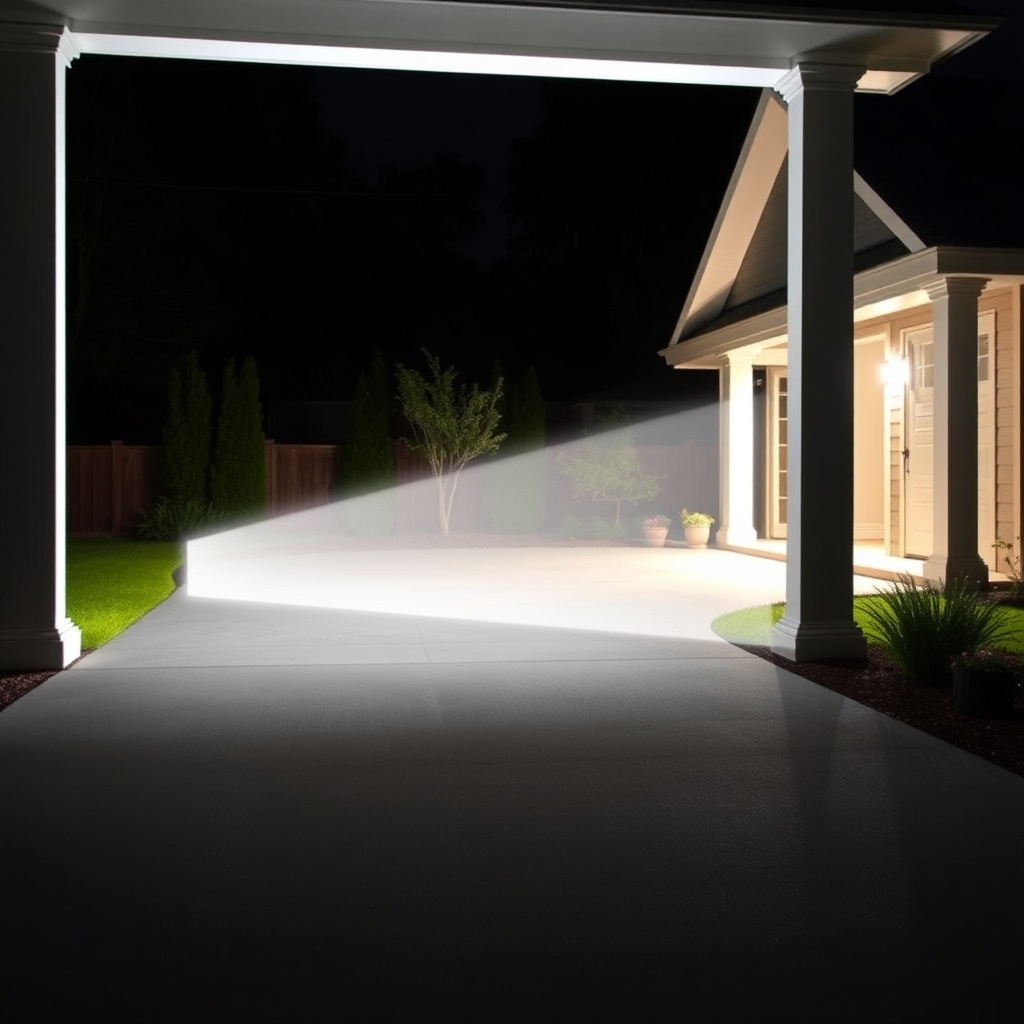 A photorealistic night scene of a house exterior with a Ring Floodlight Cam Pro illuminati