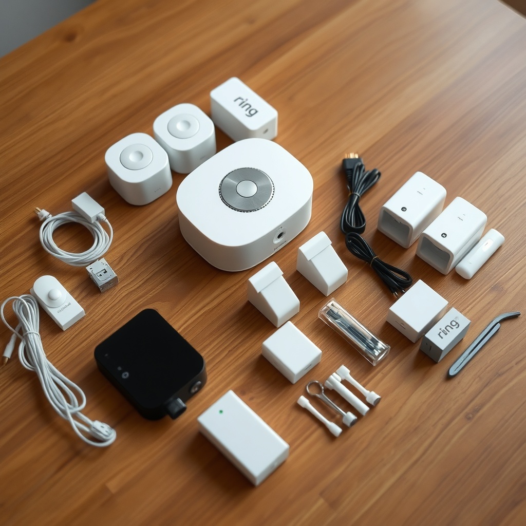 A clean photorealistic photo of Ring Alarm Pro base station with its accessories laid out