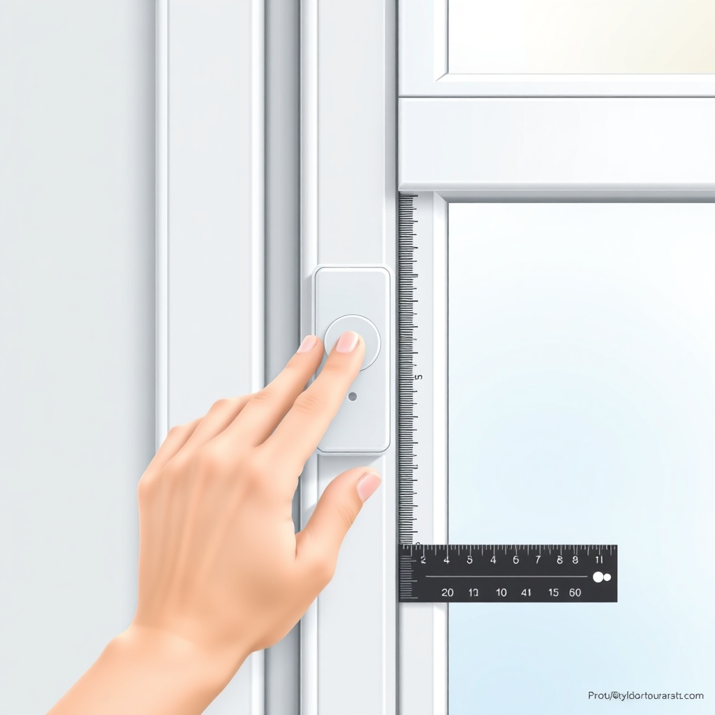 A photorealistic illustration showing a door/window sensor being mounted on a white window