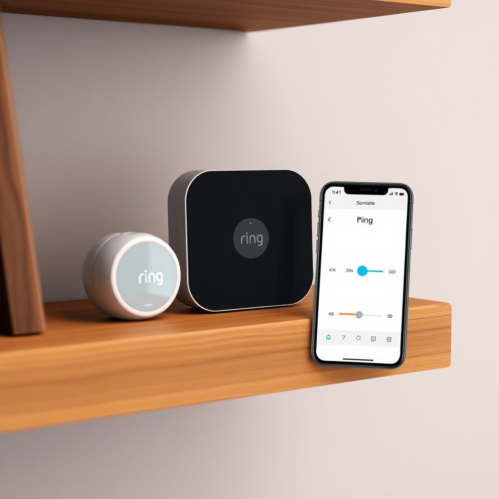 <clean photorealistic photo of a Ring Alarm Pro base station on a wooden shelf with a smar