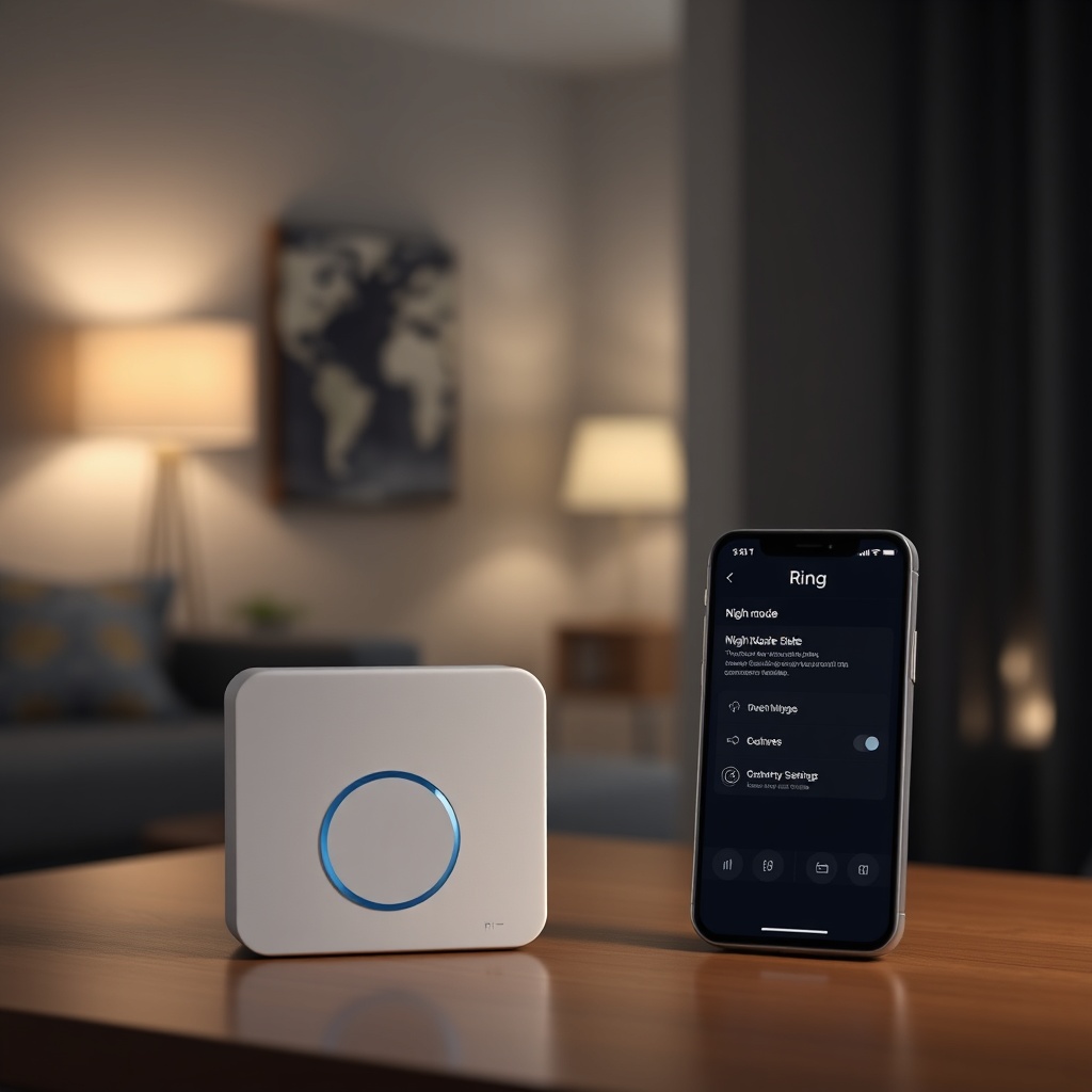 <clean photorealistic photo of a Ring Alarm Pro base station with a smartphone showing the