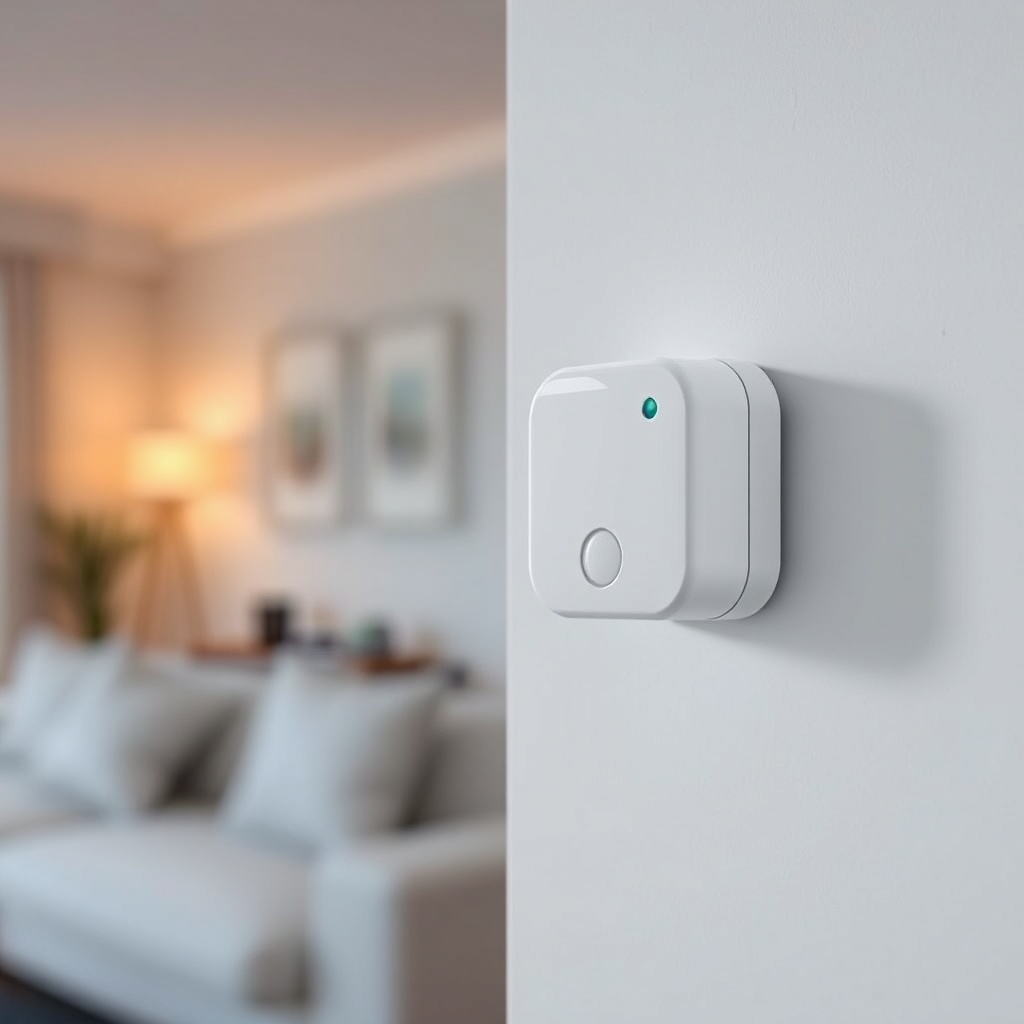 Close-up of a Xiaomi Mi Alarm Set motion sensor placed on a white wall