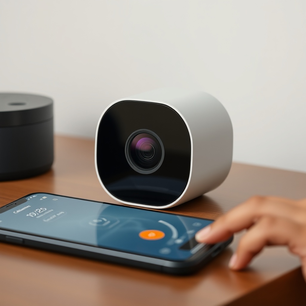 A clean photorealistic photo of a Xiaomi Mi Alarm Set camera lens being adjusted with a sm