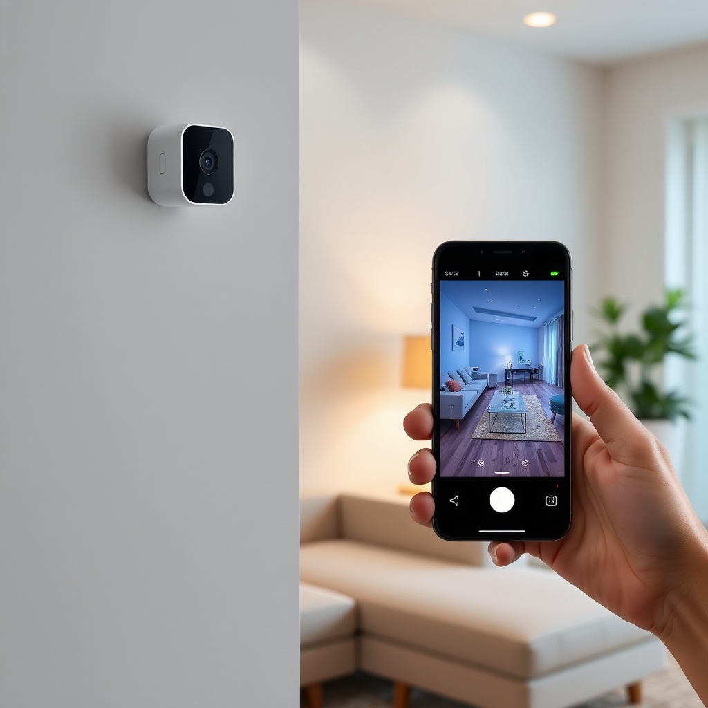 A clean photorealistic photo of a living room scene with the Xiaomi Mi Alarm Set camera mo