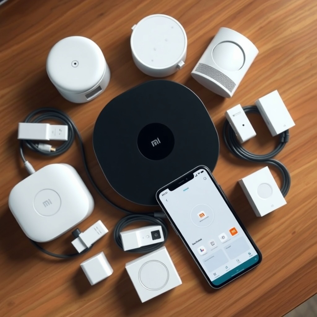 A photorealistic overhead view of a Xiaomi Mi Alarm Set hub on a wooden table