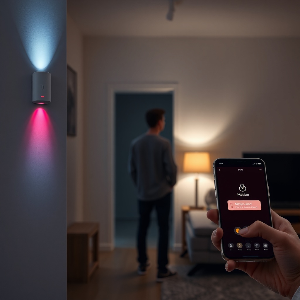 A photorealistic photo of a person standing in a living room at night