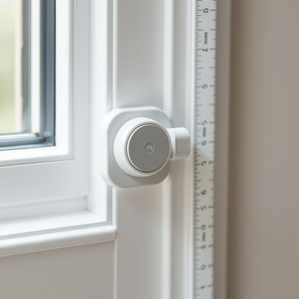 A clean photorealistic close-up photo showing a Xiaomi Mi Alarm Set magnetic sensor mounte