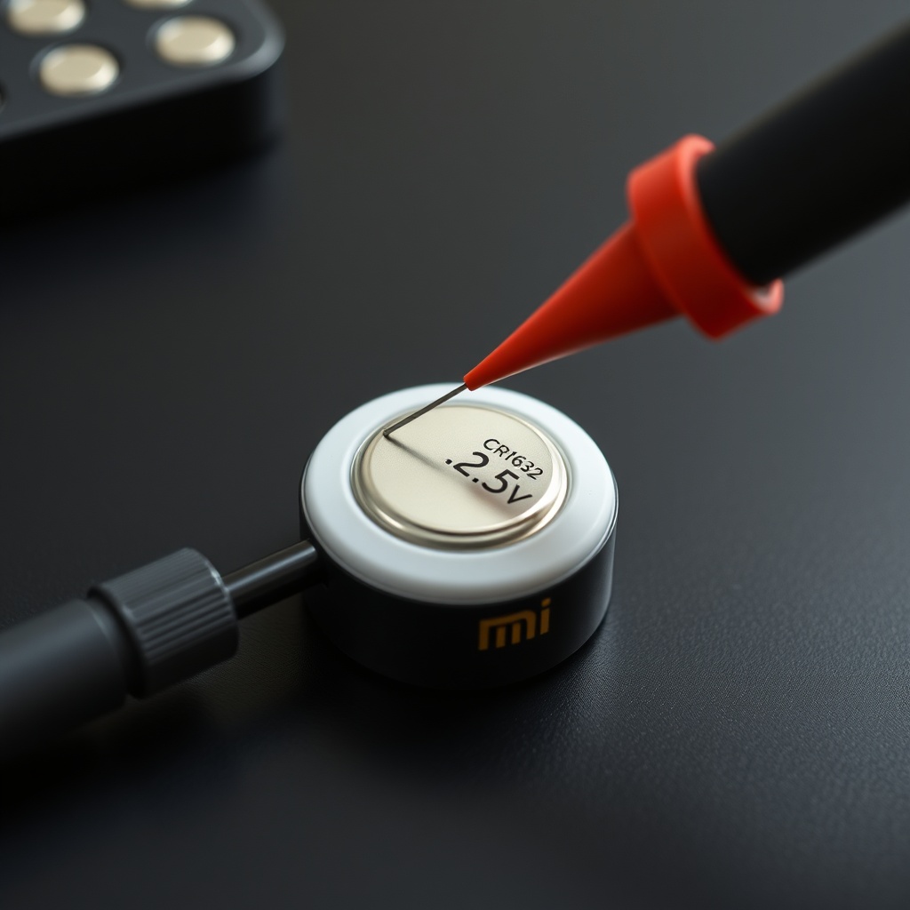 A photorealistic editorial photo of a Xiaomi Mi Alarm Set magnetic sensor with its CR1632