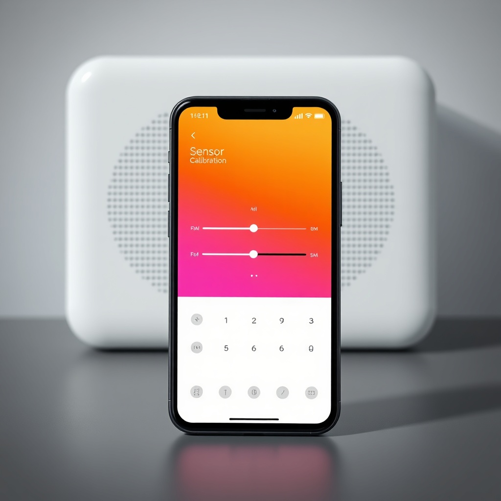 <clean photorealistic photo/illustration of a smartphone showing Xiaomi Home app sensor ca