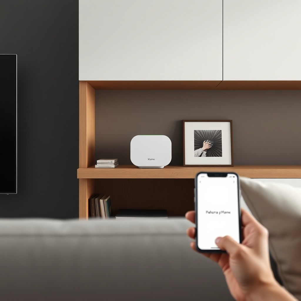 A realistic 16:9 photo of a modern living room with Xiaomi Mi Alarm Set central unit on a