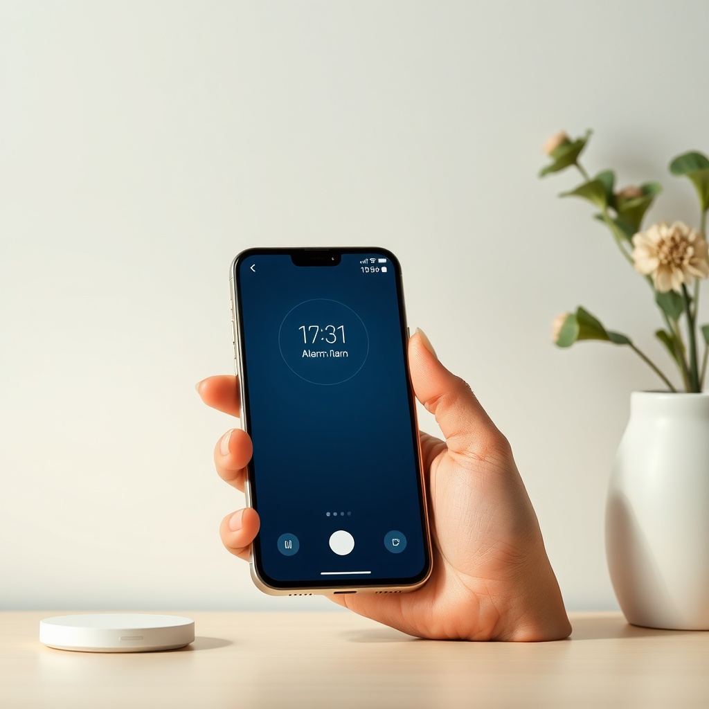 Kullanıcı elinde telefon ile Xiaomi Mi Alarm Set uygulamasını açarken